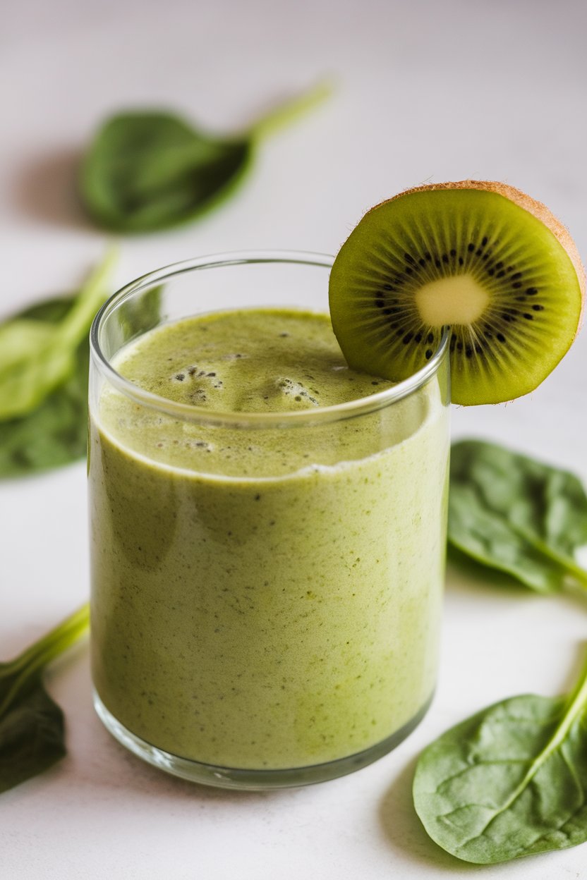 A vibrant green smoothie indoors in a clear glass with kiwi slice on rim and spinach leaves scattered nearby. No text or logos.