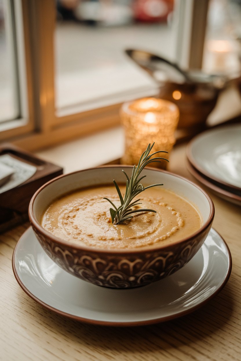 Indoor trattoria window table with bowl of creamy chickpea rosemary soup, rosemary sprig garnish. No text or logos. Photo.