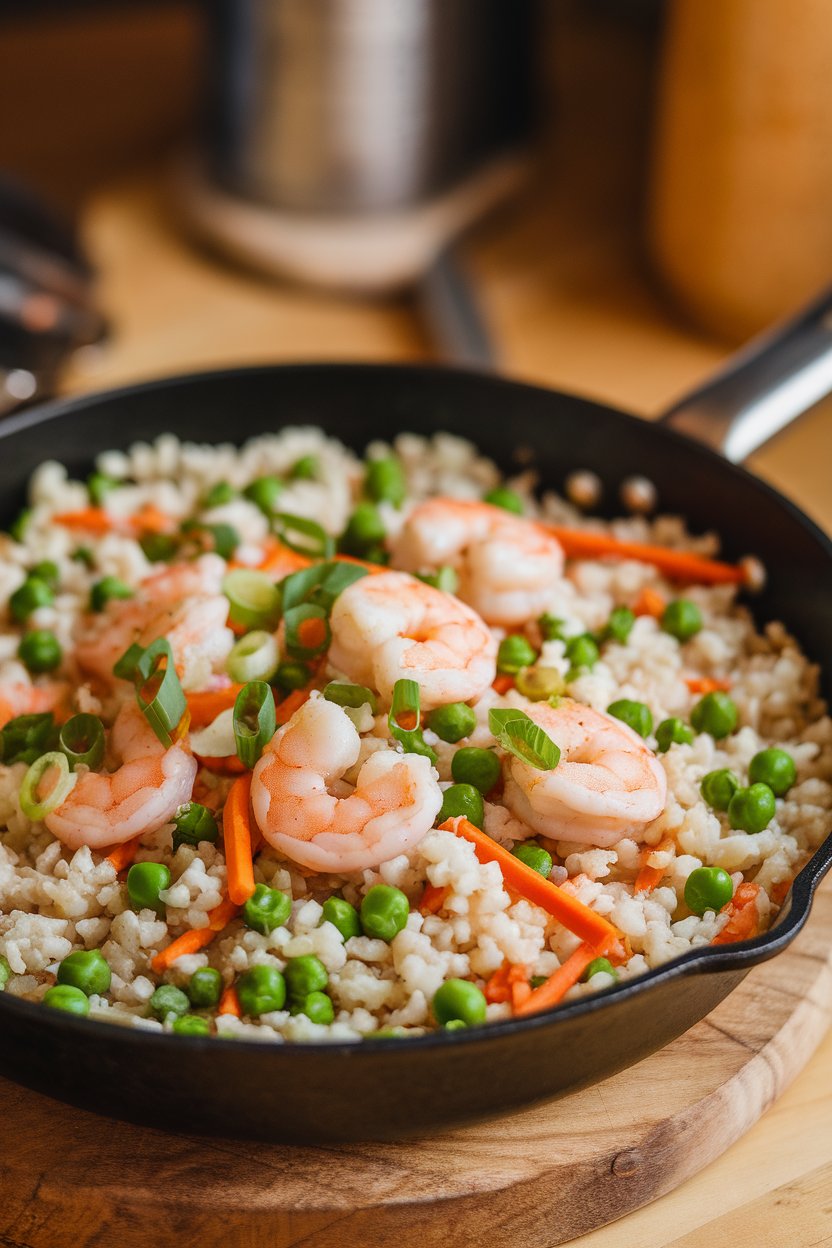 Indoor photo of a skillet holding cooked cauliflower rice mixed with peas, carrots, and sautéed shrimp, garnished with green onion slices. No text or logos present.