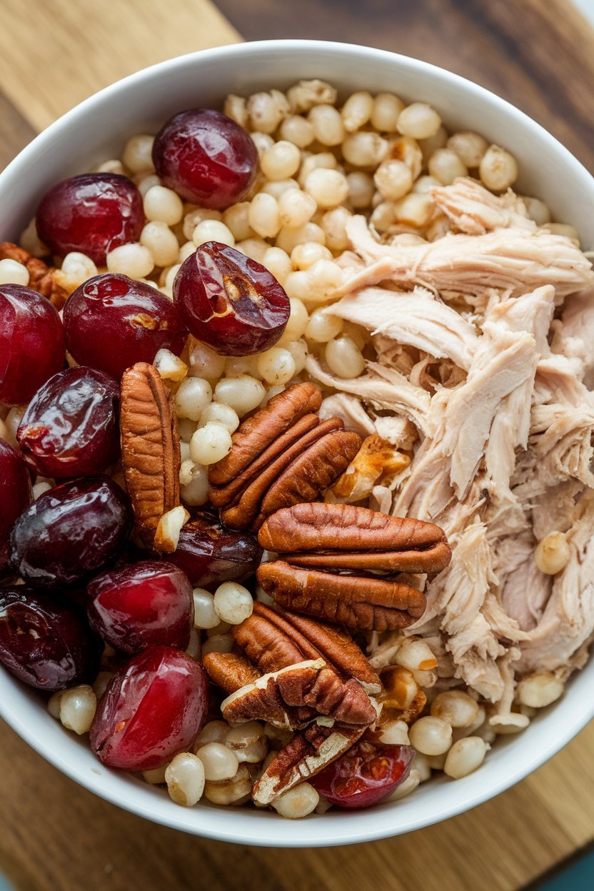 An indoor bowl of pearl barley mixed with roasted red grapes, shredded chicken, and toasted pecans; no text or logos.