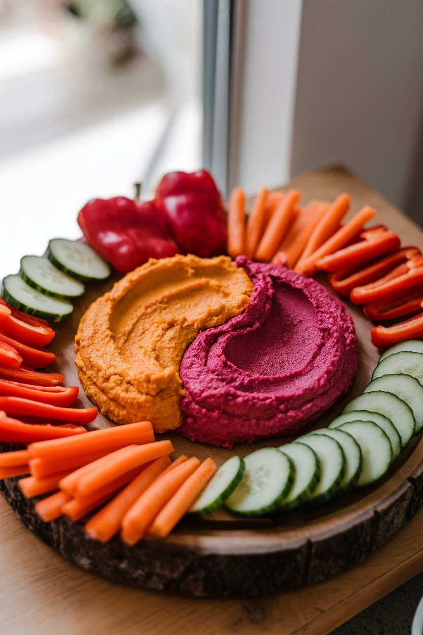 Indoor platter with two colorful hummus mounds—vibrant orange and deep magenta—surrounded by raw veggie dippers. No text or logos.