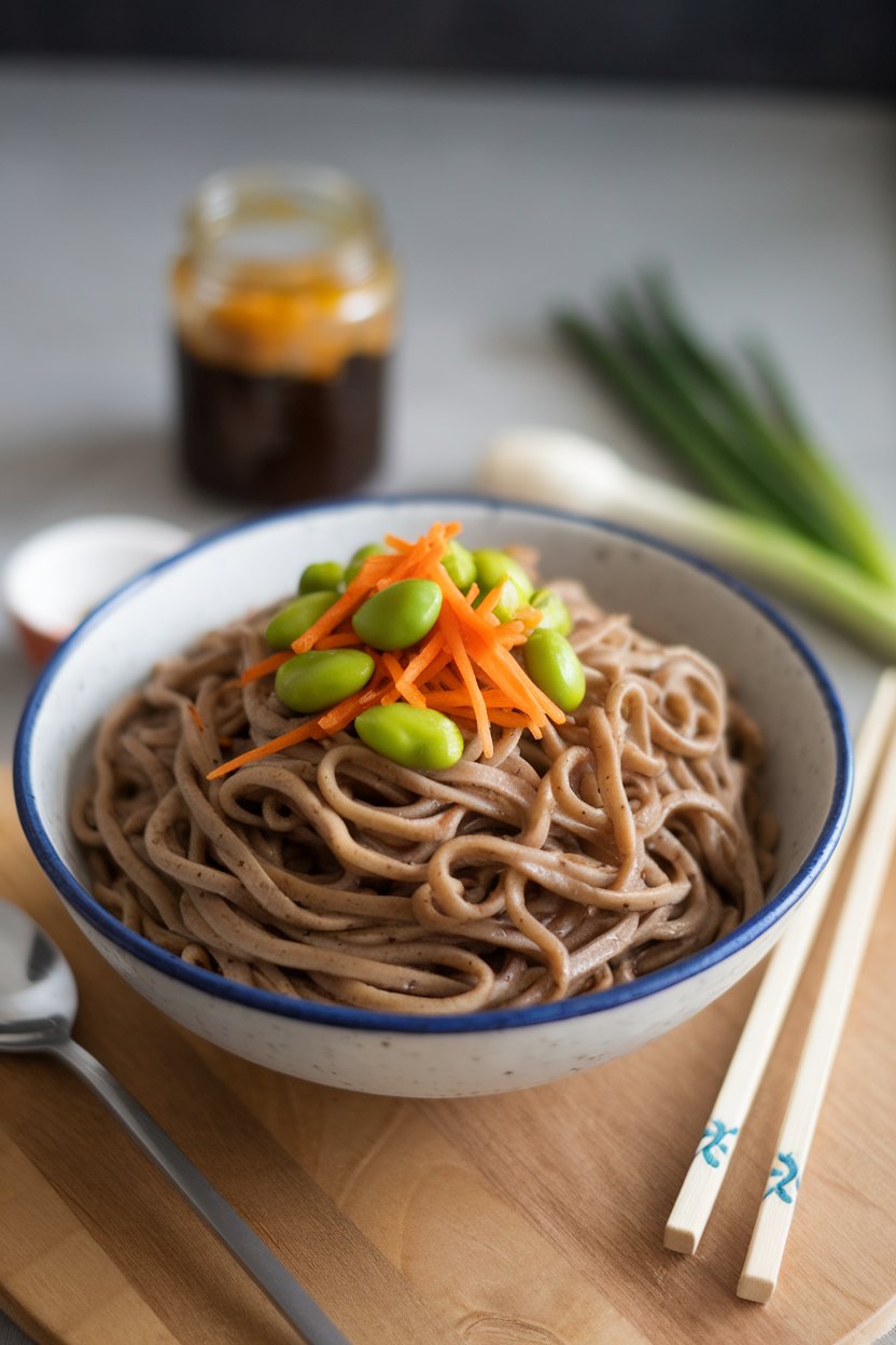 An indoor tabletop scene with a bowl of buckwheat soba noodles tossed in sesame ginger sauce, topped with edamame and shredded carrots. No branding or text. Photo.