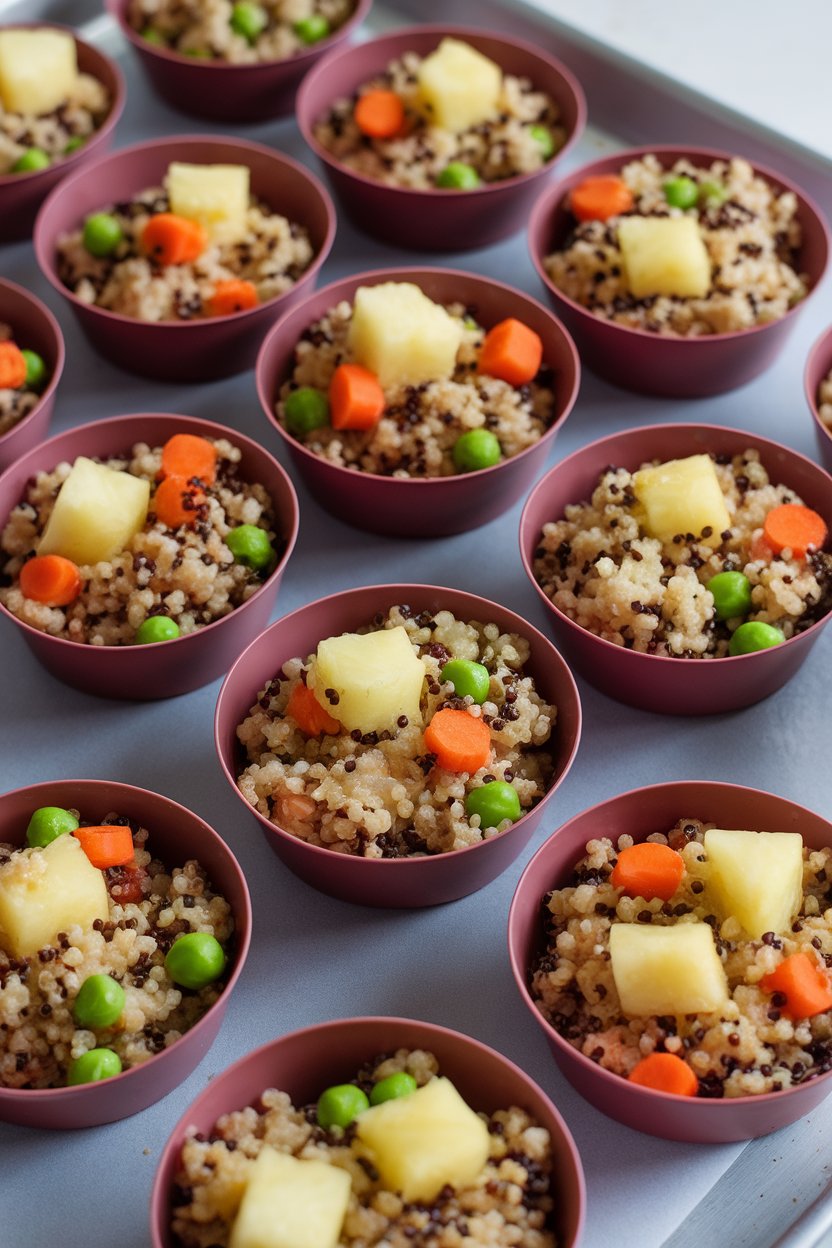 An indoor baking sheet holding silicone cups filled with quinoa “fried rice” featuring pineapple chunks, peas, and diced carrots. Photo, no branding.