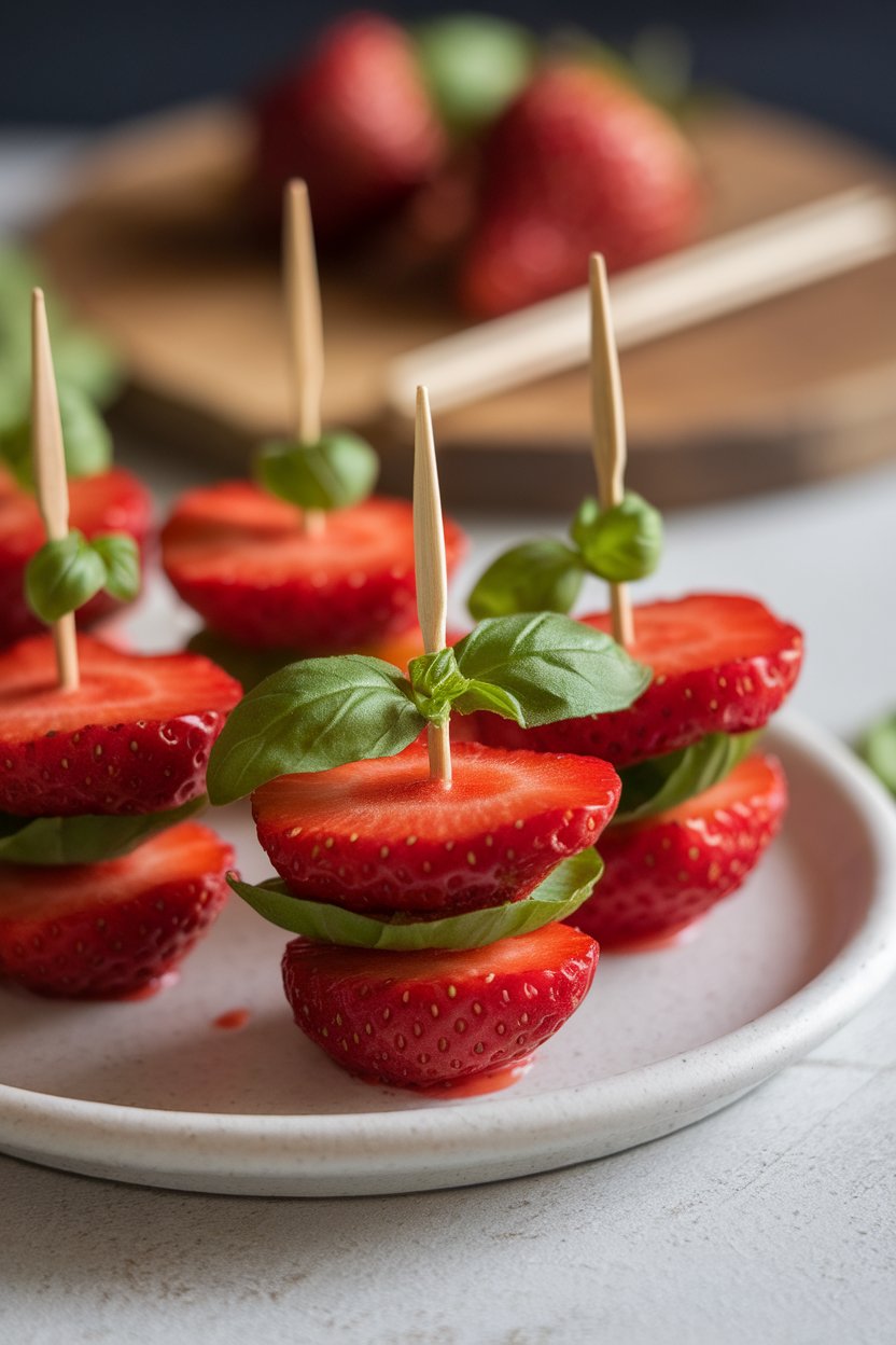A small indoor platter showcasing toothpick skewers of fresh strawberry halves sandwiching tiny basil leaves. No text or logos.