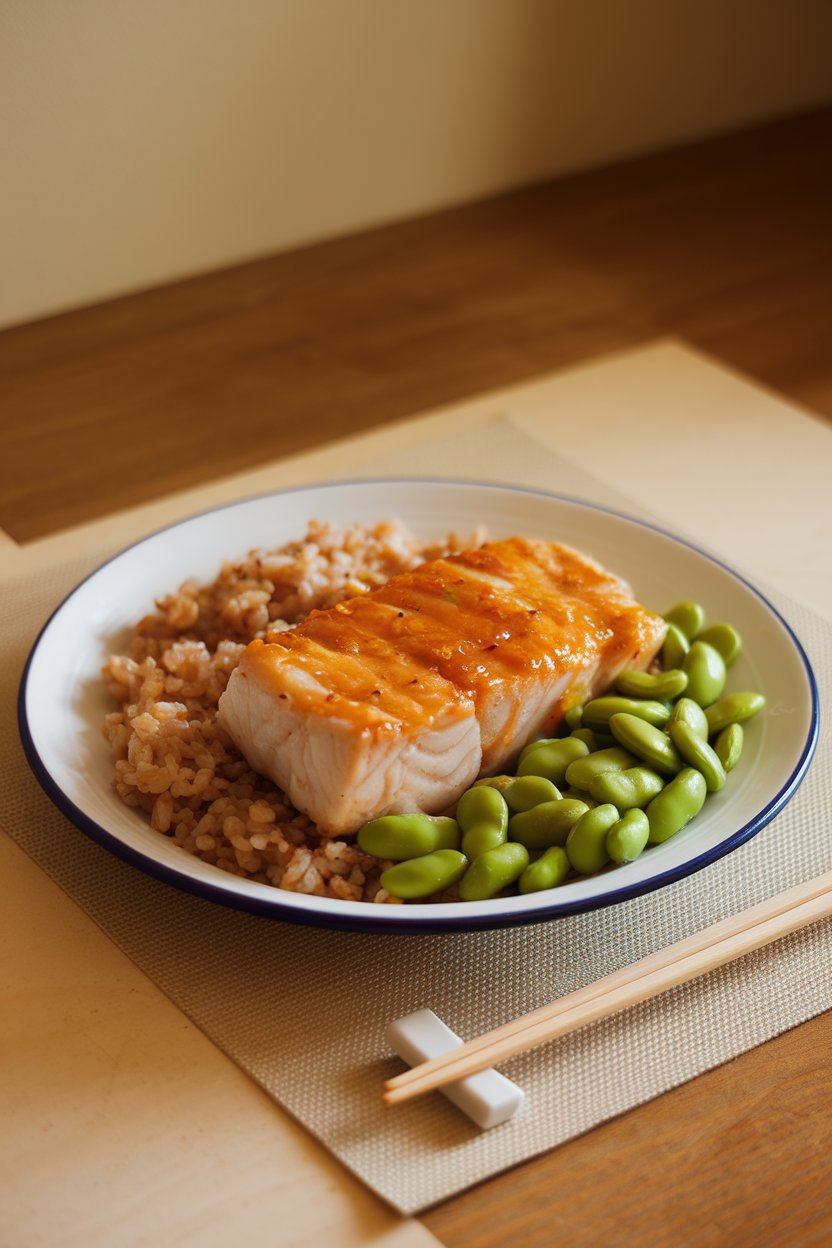 Warm indoor dinner table showing a plate of cooked cod fillet glazed with golden miso, alongside brown rice and bright green edamame. Photo, no text or logos anywhere.