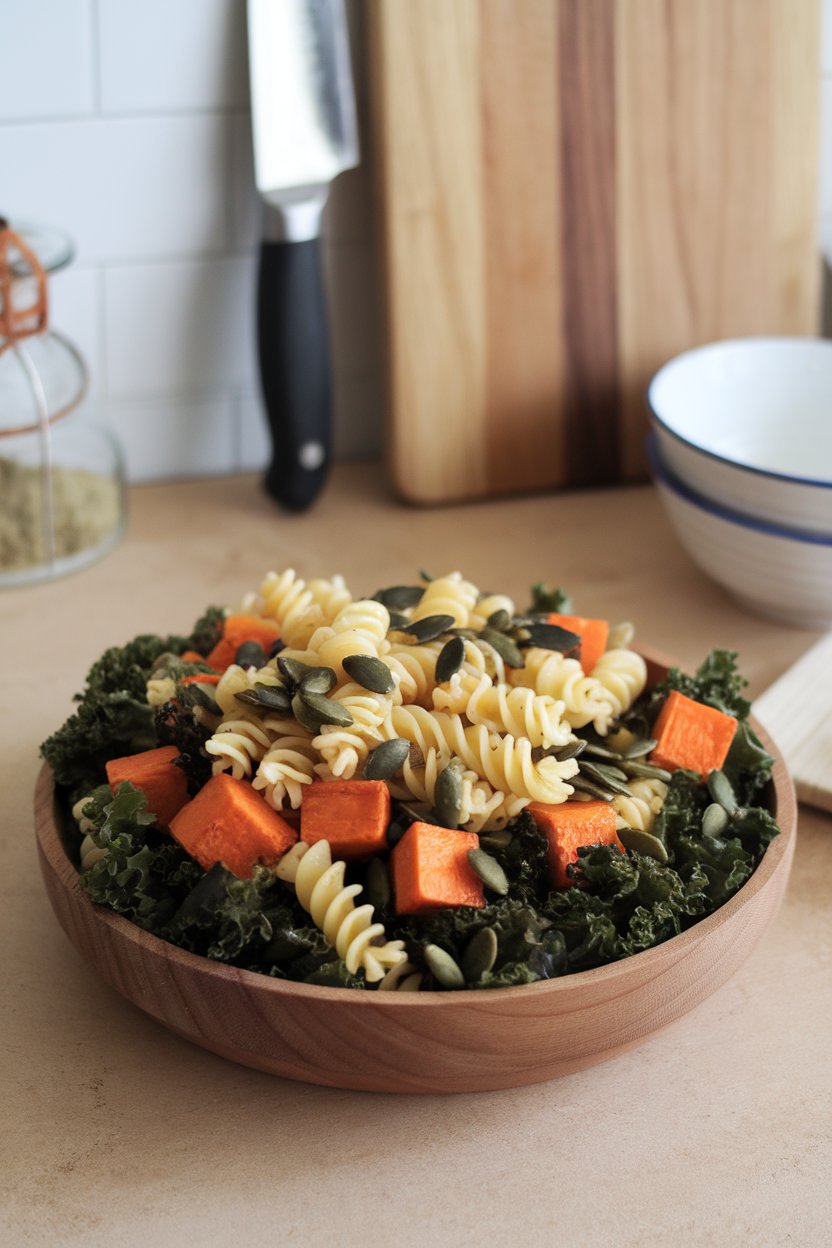 An indoor kitchen scene with fusilli pasta, roasted sweet potato cubes, curly kale, and pumpkin seeds in a serving dish; no text or logos.