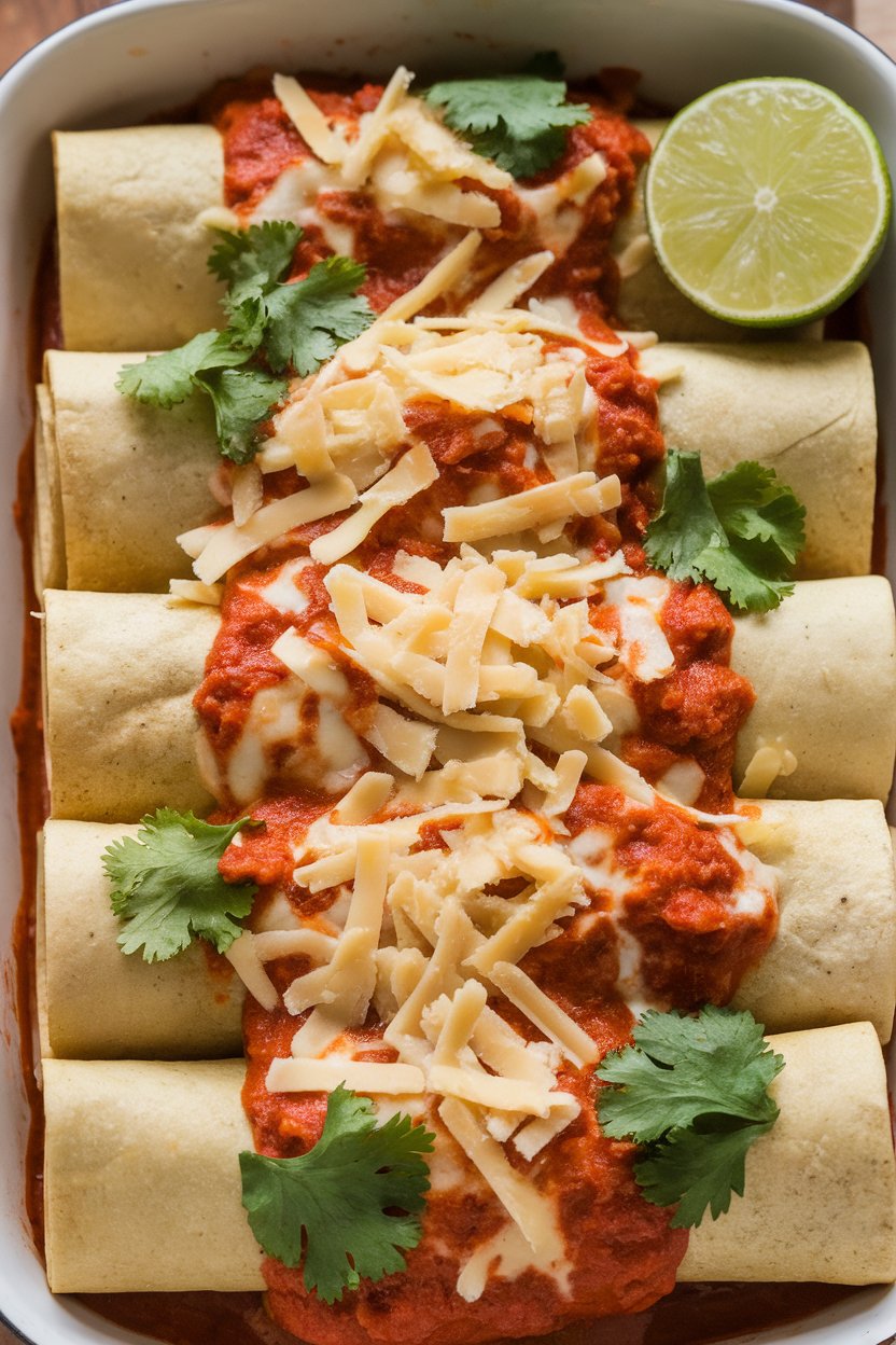 An indoor casserole dish of rolled corn tortillas topped with red sauce and melted vegan cheese shreds; photo only, no text or logos.