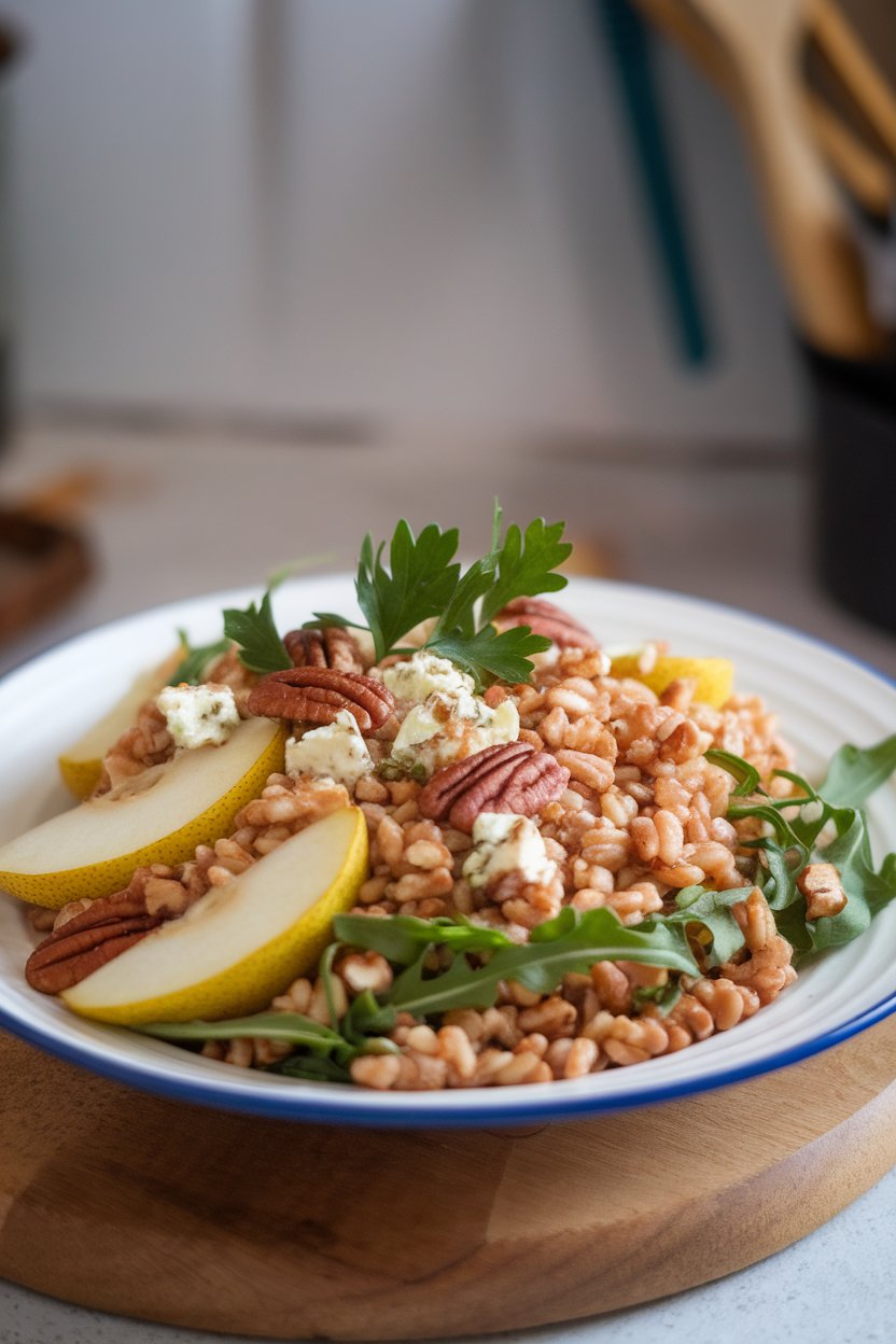 An indoor plate of cooked farro mixed with sliced pears, crumbled gorgonzola, arugula, and toasted pecans; no text or logos; photo.