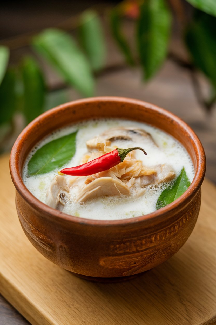 Indoor food photo of coconut chicken soup with mushrooms and lime leaves in a ceramic bowl; red chili garnish, no text or logos.
