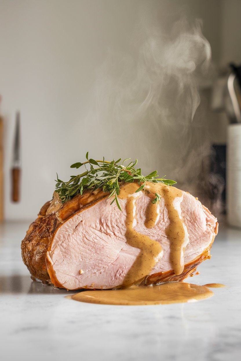 Indoor kitchen counter with thick turkey breast slices topped with herbs and a little pan gravy pooled nearby, steam rising gently. No text or logos. Photo only.