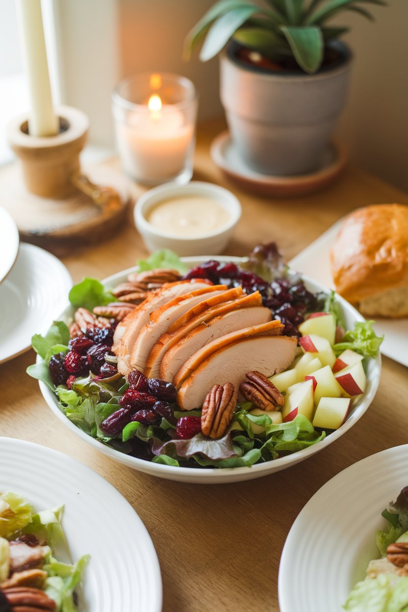 Indoor lunch table with mixed greens piled high with sliced smoked turkey, dried cranberries, toasted pecans, and diced apples. Photo only, no text or logos.