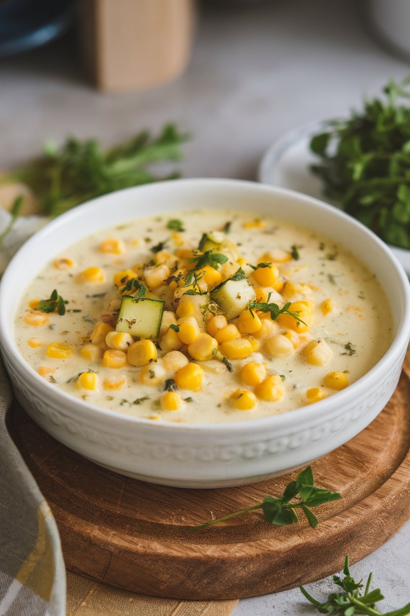 Indoor photo of a creamy chowder filled with corn kernels and zucchini cubes, topped with herbs, no text or logos.