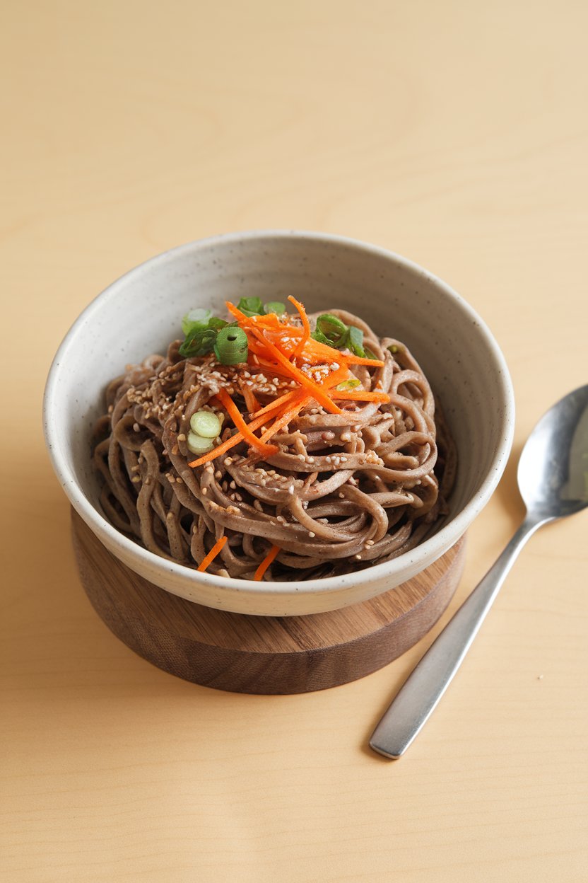 Indoor bowl containing buckwheat soba noodles tossed with sesame seeds, julienned carrot, and sliced scallions. No text or logos anywhere in sight.