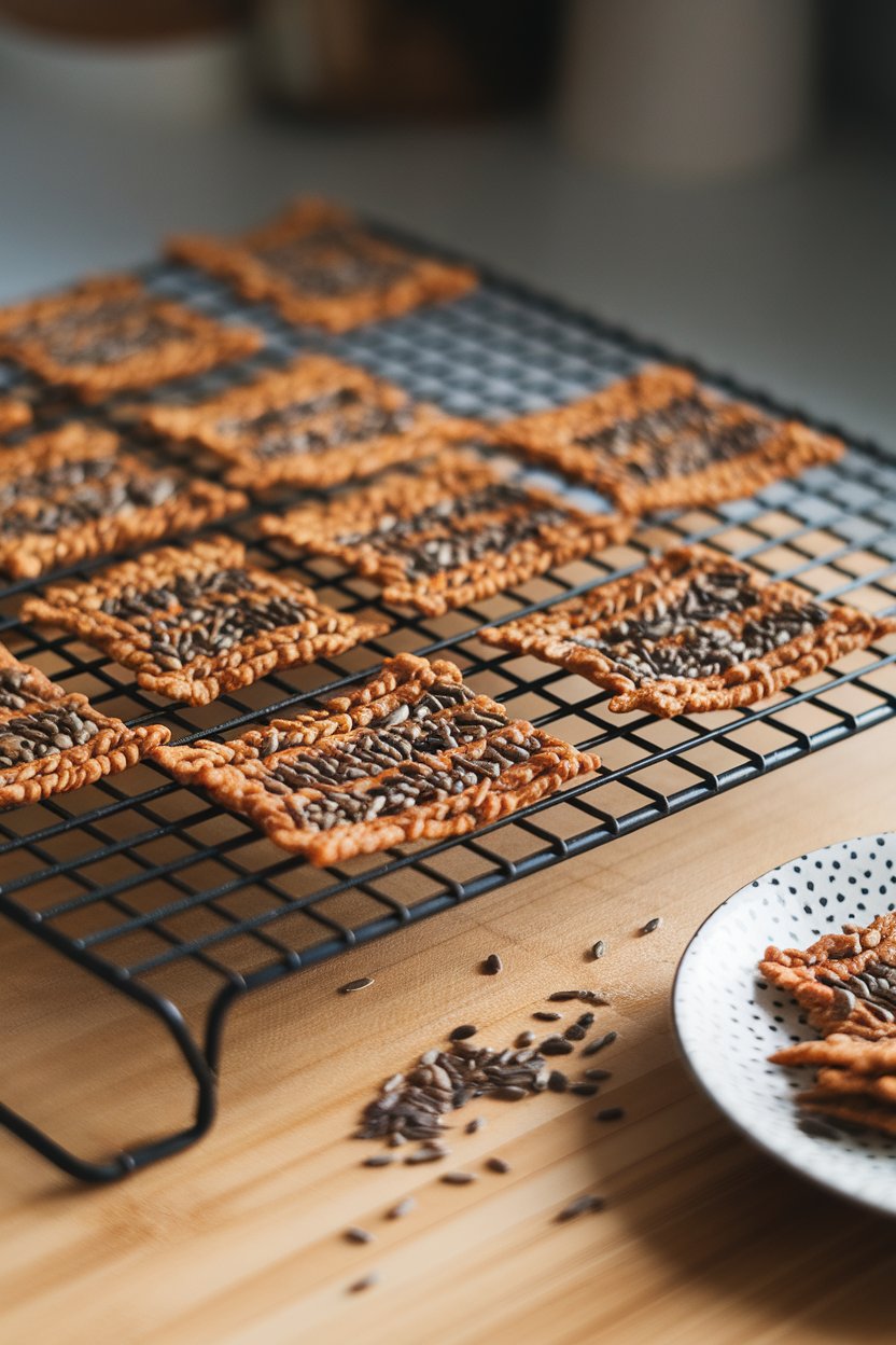Indoor photo of thin, crispy seed crackers made from flax, chia, and sunflower seeds on a cooling rack; no text or logos.