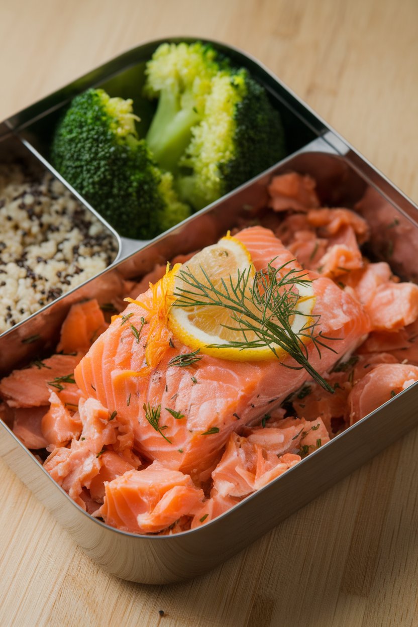 Indoor photo of a compartmentalized bento box featuring flaked cooked salmon seasoned with lemon zest and dill, alongside steamed broccoli florets and quinoa. No text or brand marks.