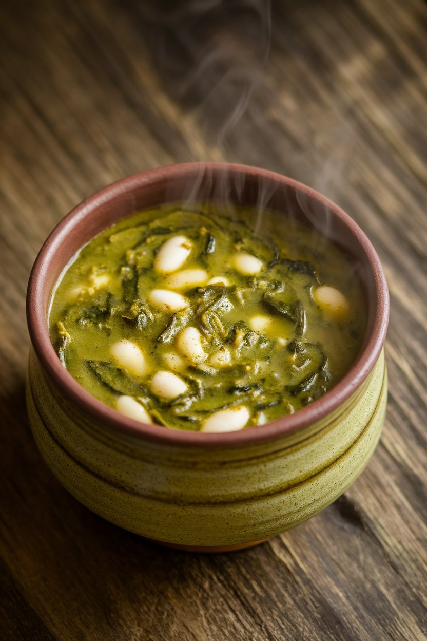 Indoor photo of a ceramic bowl filled with vibrant green spinach and white bean soup, steam rising softly, shot from a slight overhead angle on a wood table; no text or logos