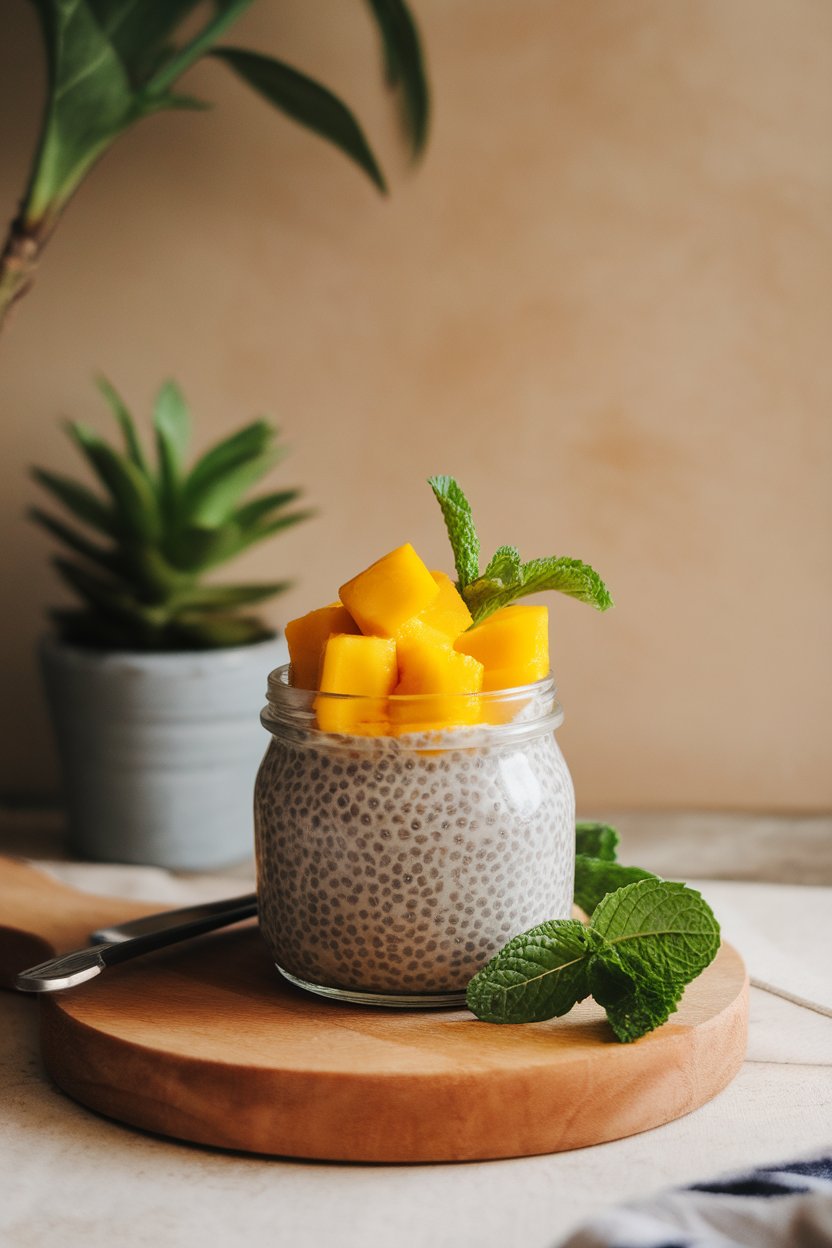 Indoor setting with a small glass jar of chia pudding topped with bright mango cubes and a sprig of mint. No text or logos; photo.