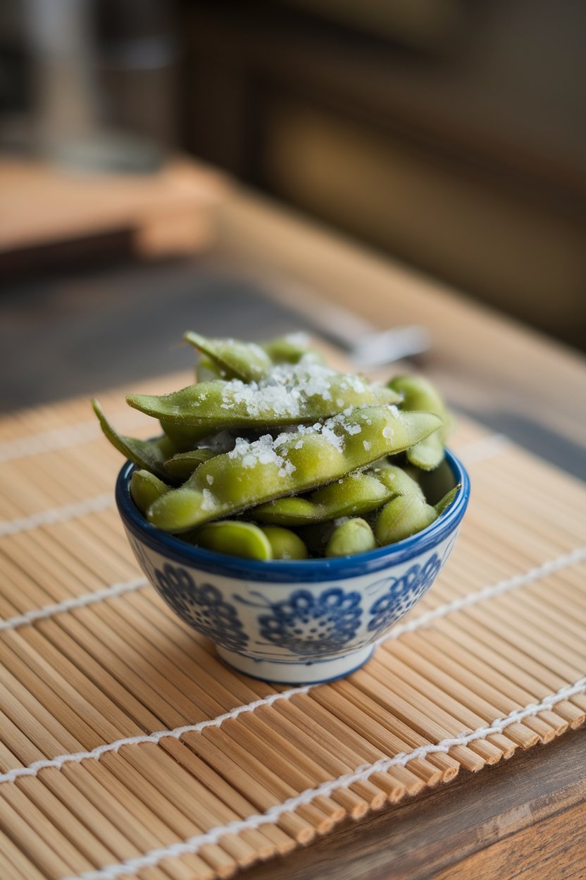 Indoor photo of a small bowl filled with steamed edamame pods sprinkled with coarse sea salt, set on a bamboo mat. No text or logos.