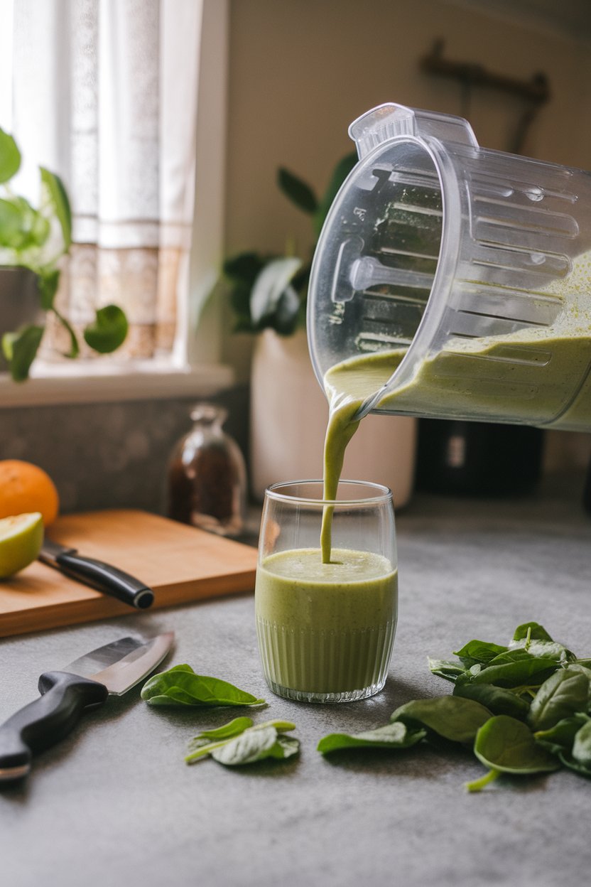 Photo of a blender pouring a green smoothie into a glass on a kitchen counter, spinach leaves scattered nearby, no text or logos.