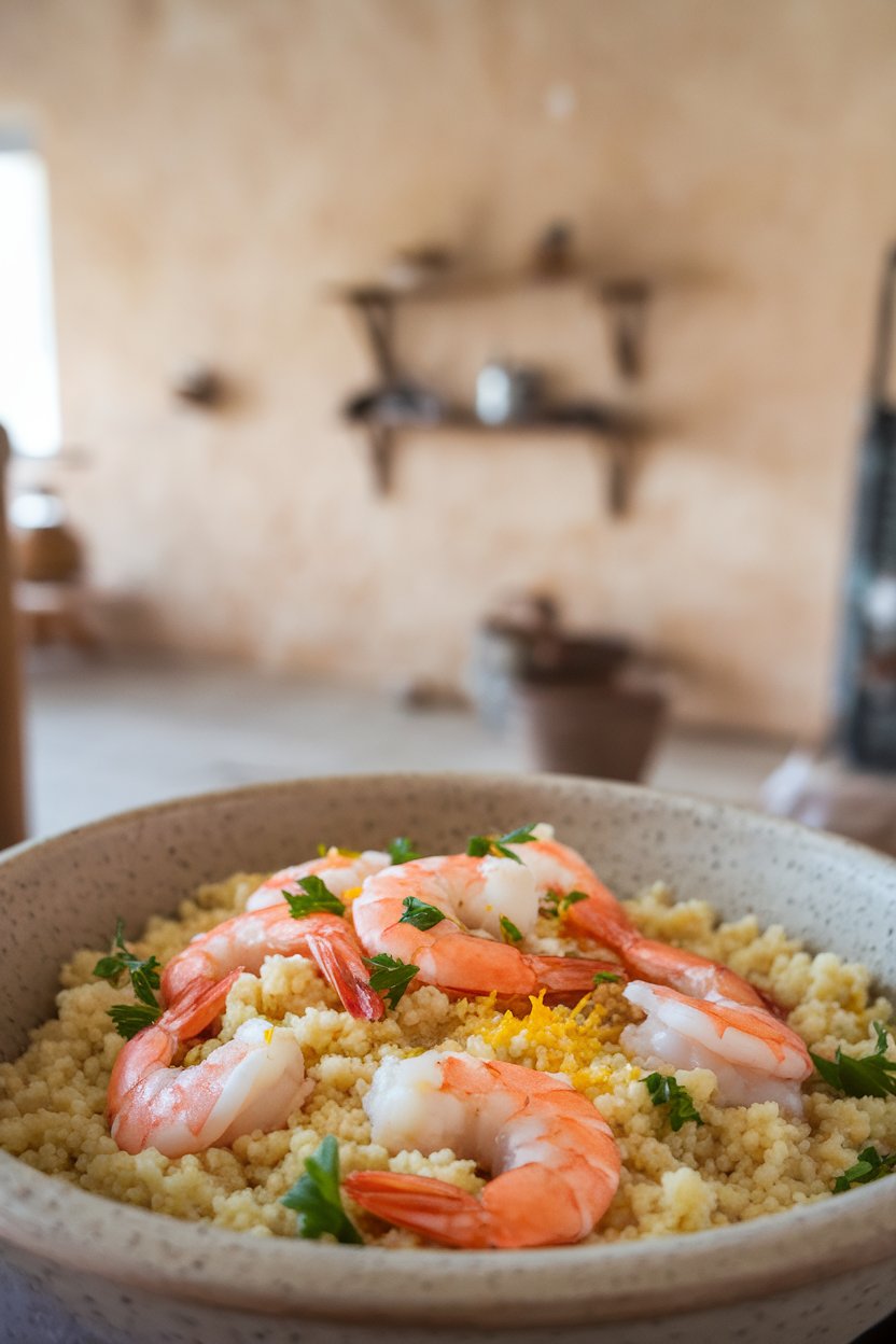 A shallow indoor bowl featuring cooked shrimp atop fluffy couscous flecked with parsley and lemon zest. No text or logos present. Photo only.