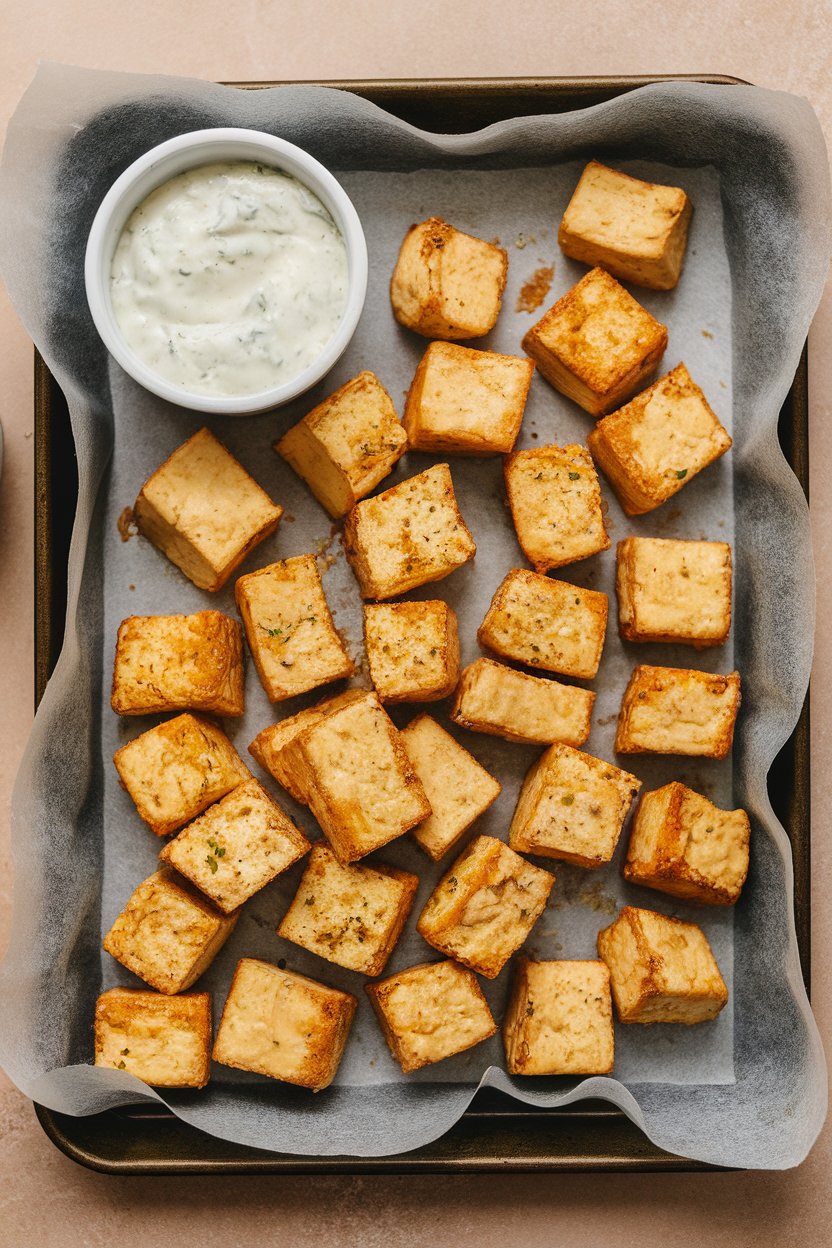 A parchment-lined indoor baking tray of golden tofu nuggets with a ramekin of dip nearby; no text or logos.
