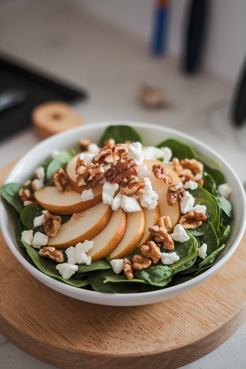 An indoor dish of baby spinach topped with pear slices, toasted walnuts, and crumbled goat cheese. No text or logos. Photo, not illustration.