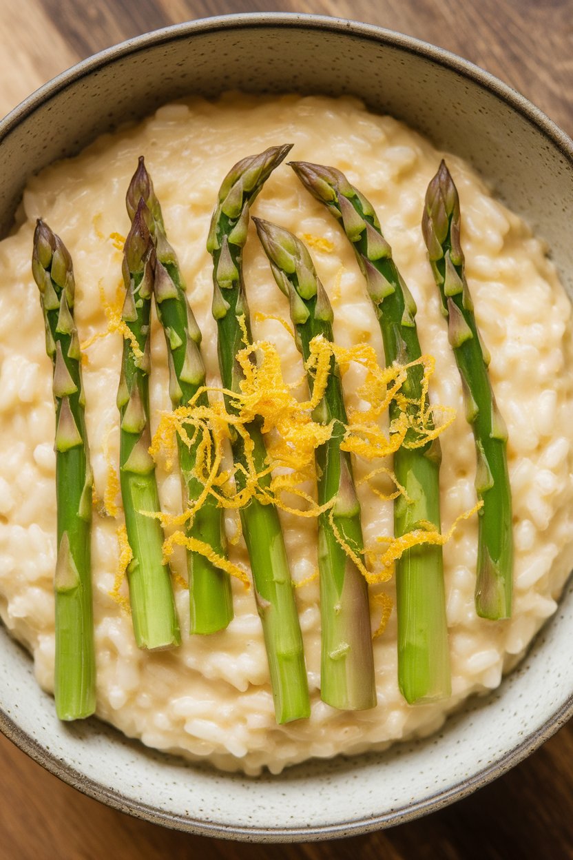 Indoor shallow bowl of creamy risotto studded with asparagus tips, lemon zest sprinkled on top. Photo only, no text or logos.