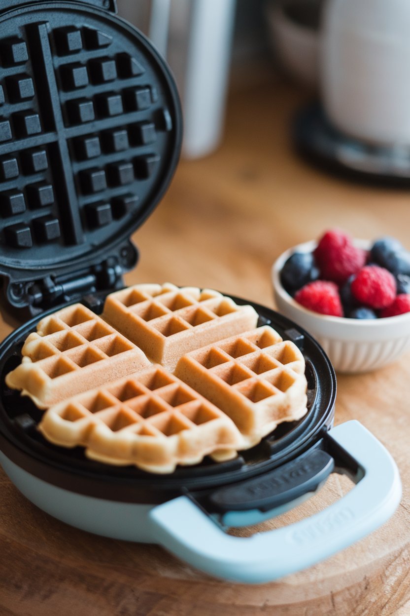 A warmly lit indoor waffle iron open to reveal crisp buckwheat waffles, a small bowl of berries nearby; no text or logos.