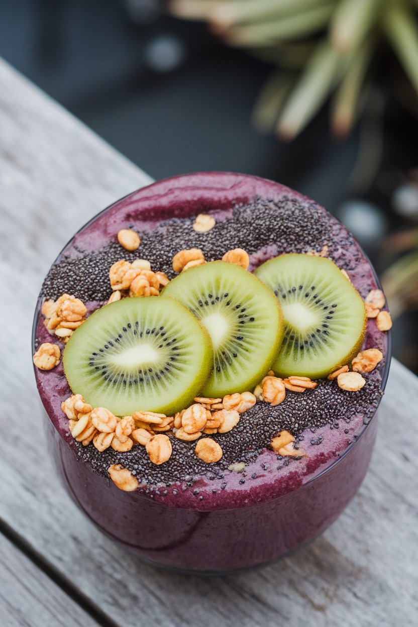 Indoor top-down photo of a thick smoothie bowl topped with sliced kiwi, chia seeds, and granola, bright colors contrasting. No text or logos.