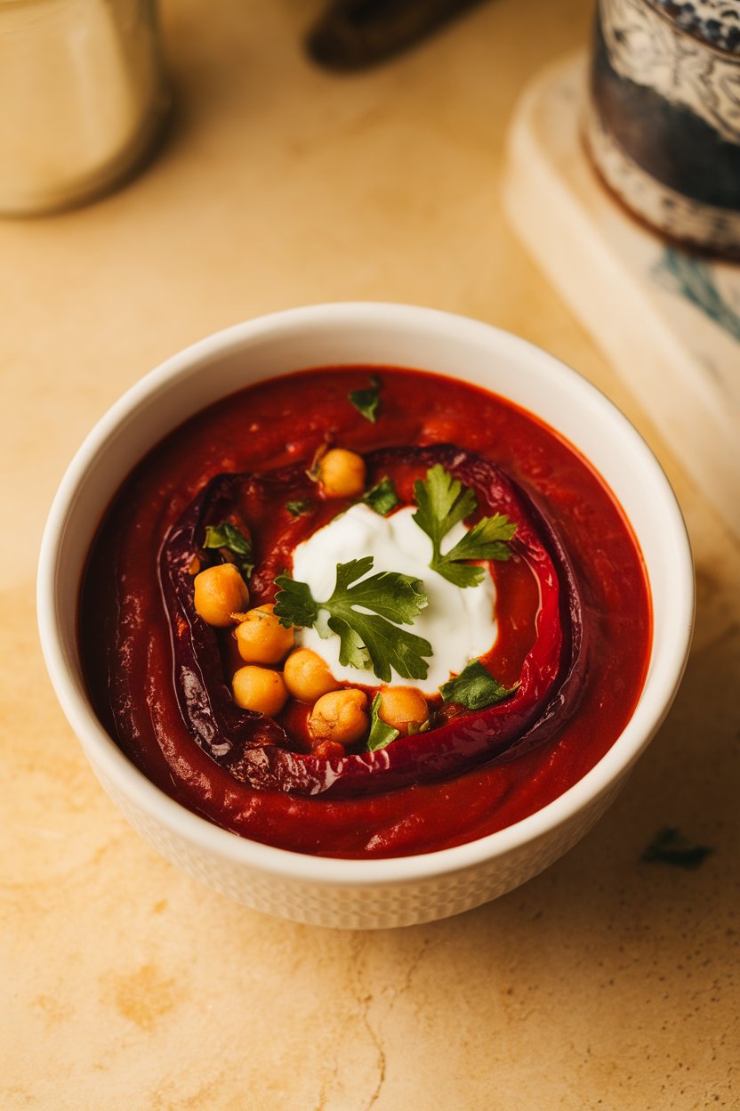 Indoor photo of deep red soup made from roasted peppers and chickpeas, garnished with a dollop of yogurt and parsley; no text or logos