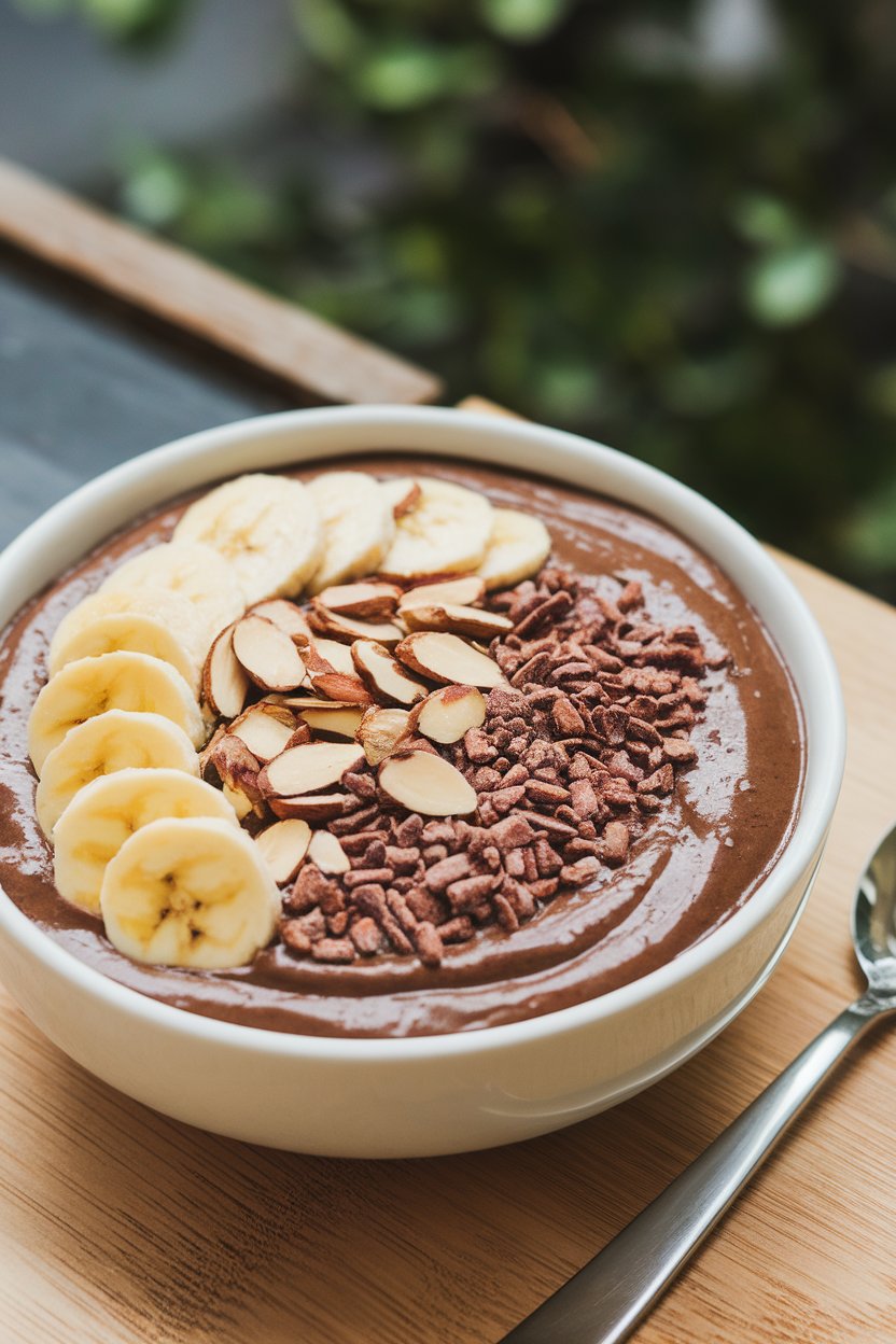 Indoor photo of a thick chocolate smoothie bowl topped with sliced almonds, banana coins, and cacao nibs, no text or logos