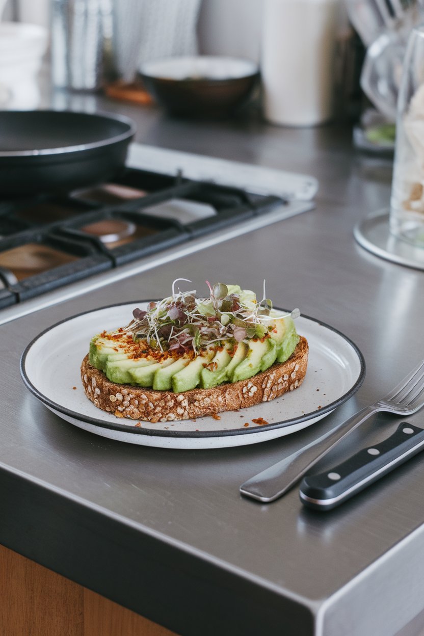 An indoor kitchen island displaying two slices of sprouted grain toast topped with mashed avocado, chili flakes, and microgreens. No text or logos; photo.