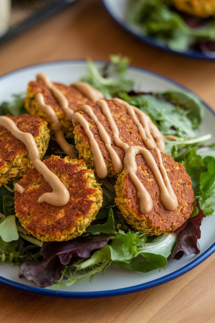 An indoor plate of crisp baked falafel over mixed greens, a drizzle of tahini sauce on top; no brands.