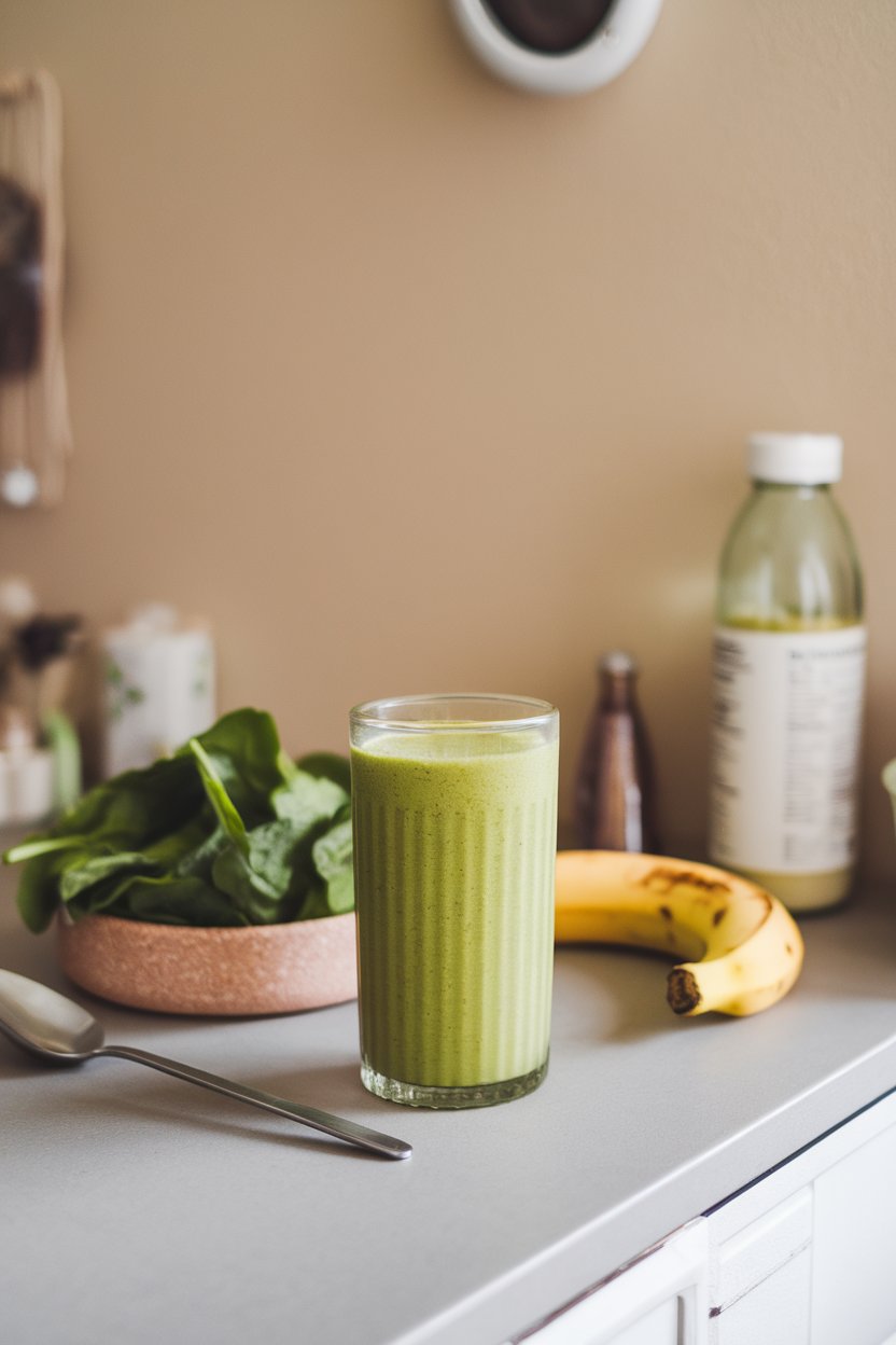 Photo of a tall glass of bright green smoothie on an indoor countertop with a bowl of fresh spinach and a banana beside it. No text or logos visible.