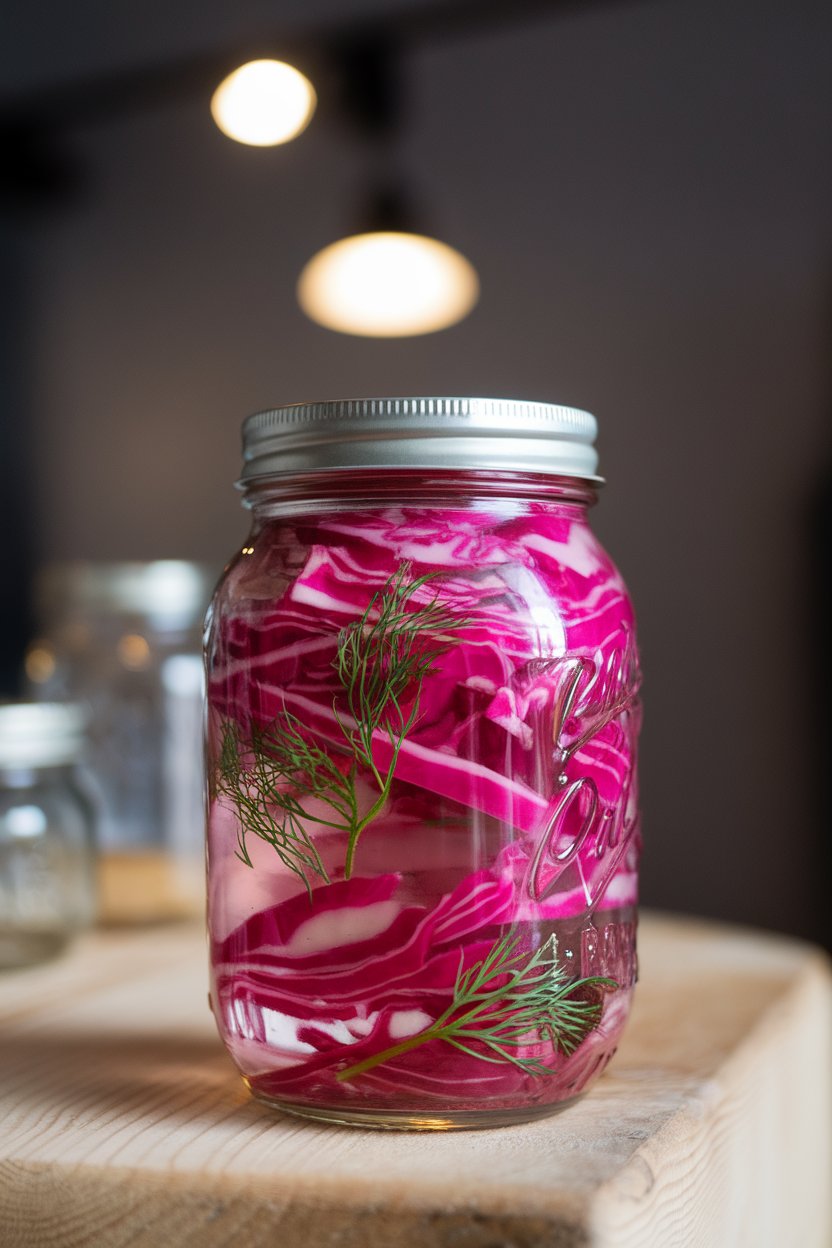 Indoor photo of a mason jar filled with bright pink cabbage ribbons and dill sprigs in light pickling liquid. No text or logos; photo.