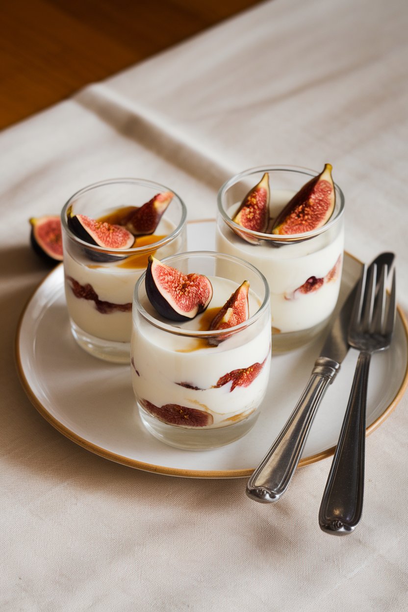 An indoor table with glass cups layered with creamy yogurt, quartered fresh figs, and a thin ribbon of honey. Photo only, no logos or text.