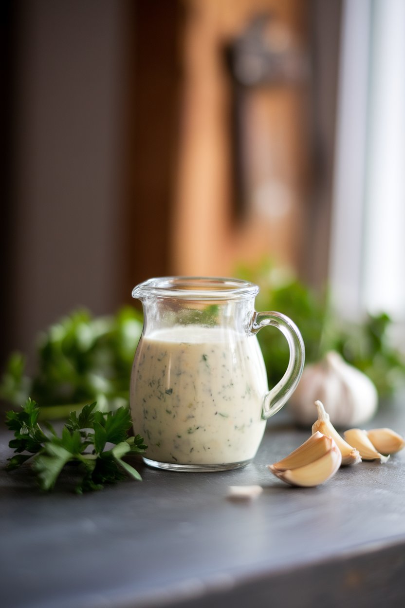 An indoor tabletop with a small pitcher of garlic herb buttermilk dressing, fresh parsley and garlic cloves around. Photo, not illustration. No text or logos.