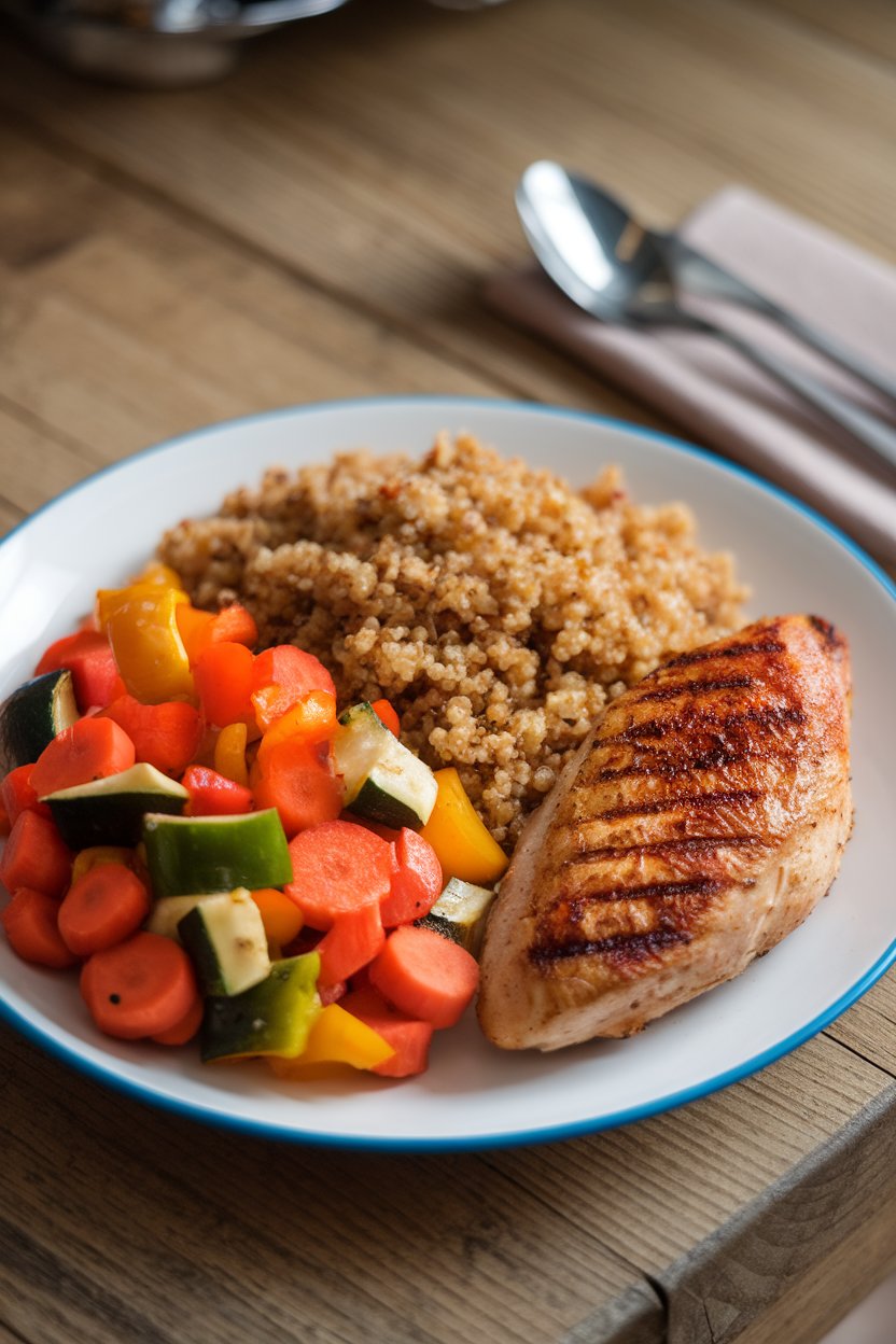 Photo of an indoor table with a balanced plate: half roasted vegetables, a quarter quinoa, and a quarter grilled chicken breast. Soft lighting, no text or logos.
