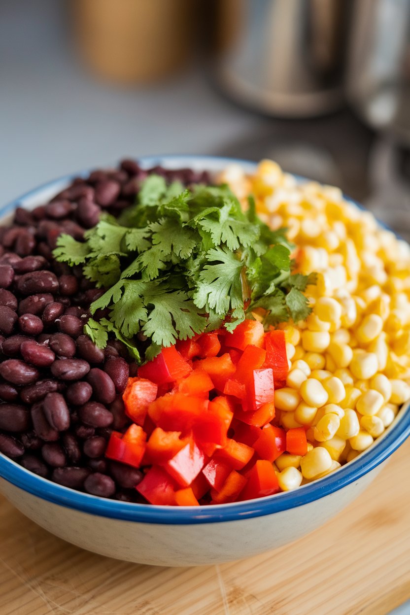 Indoor photo of black beans, corn kernels, diced red pepper, and cilantro mixed in a serving bowl. No text or logos; photograph.