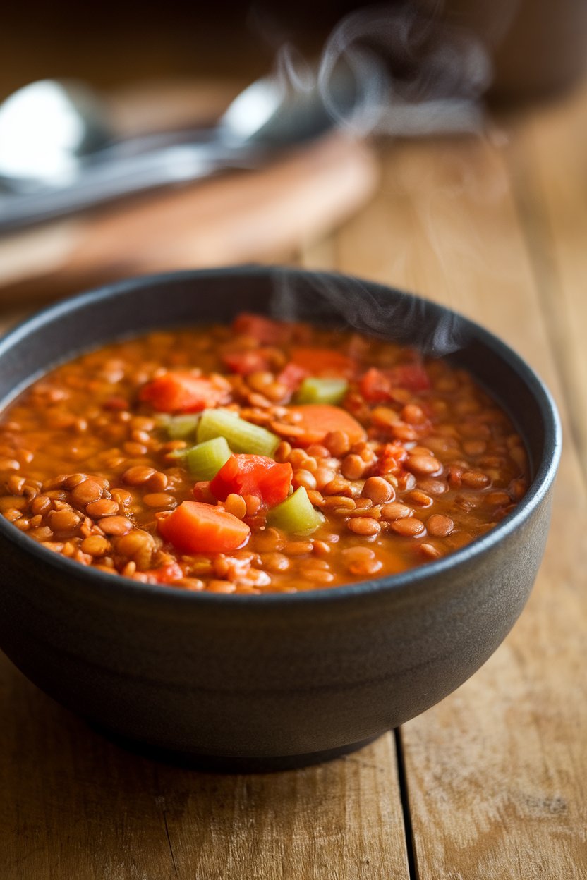 An indoor table with a deep bowl of hearty lentil soup dotted with carrots, celery, and tomatoes, steam wafting upward. No logos or text present. Photo.