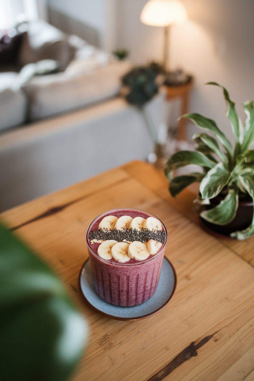 Overhead view of a smoothie bowl on an indoor dining table, thick berry base topped with sliced banana, chia seeds, and granola lines. No text or logos, photo not illustration.