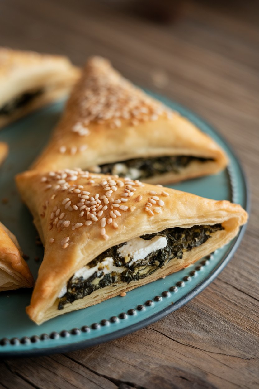 A platter indoors with golden pastry triangles oozing feta and spinach filling, sprinkled with sesame seeds—no logos or text. Photo.