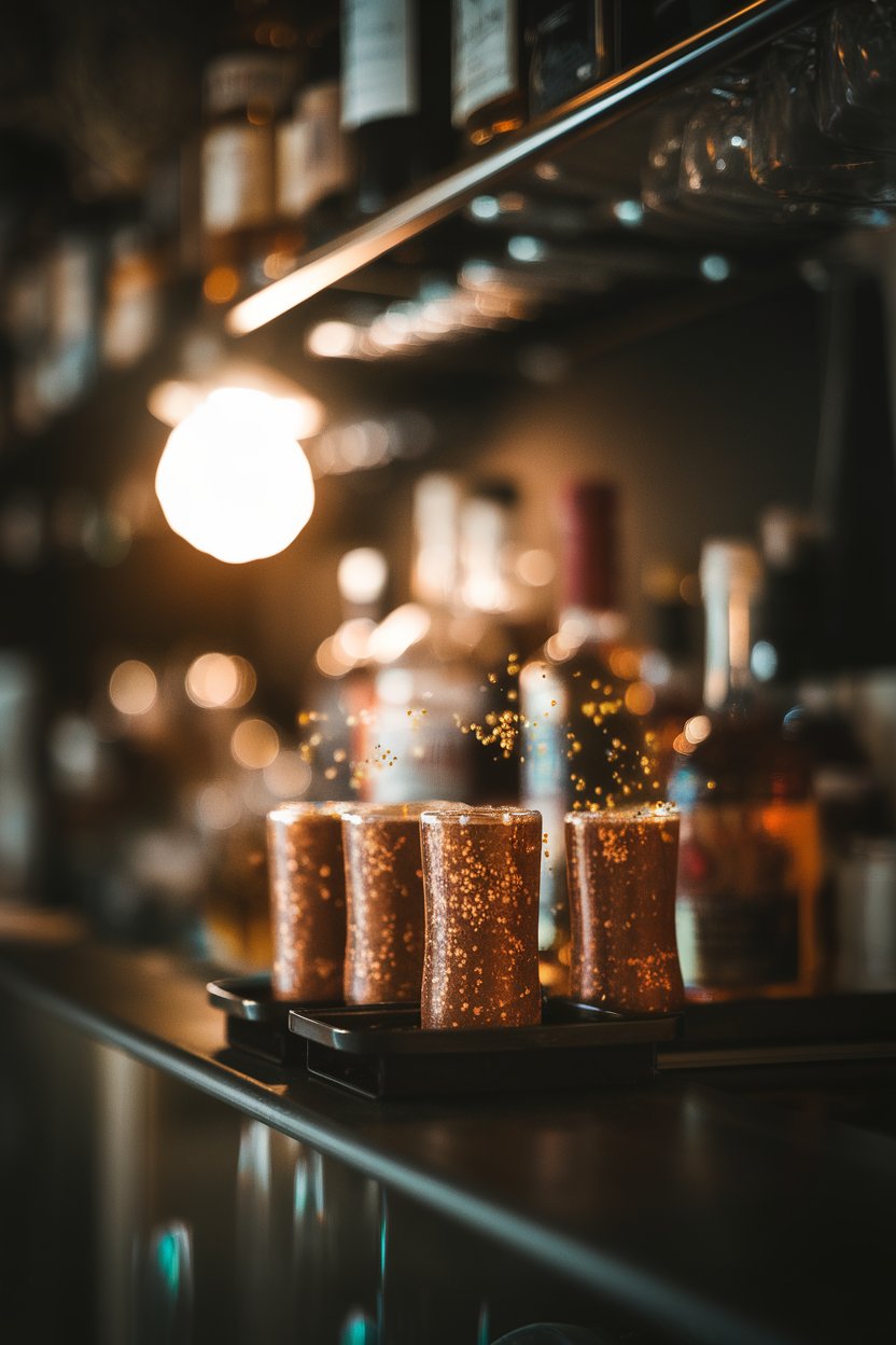 Photo of a dimly lit bar shelf with shimmering cinnamon-flecked shots, tiny edible gold sparkles floating; no branding visible.