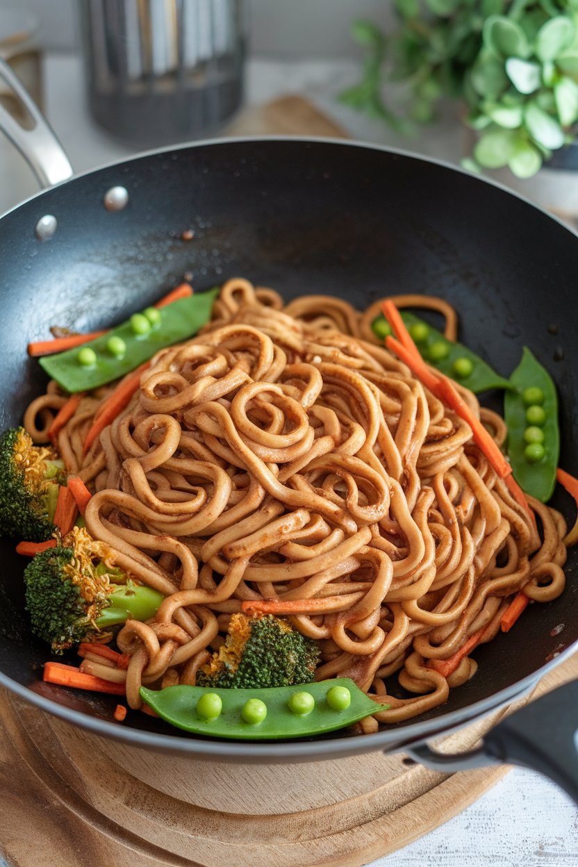 An indoor wok displaying thick udon noodles coated in peanut sauce, mixed with broccoli, carrots, and snap peas; no text or logos; photo