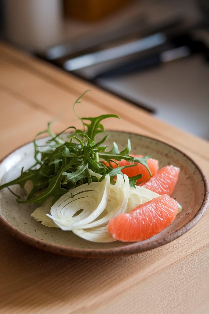 Photo of rocket leaves, thin fennel slices, and grapefruit segments on a ceramic plate indoors, no text or logos.