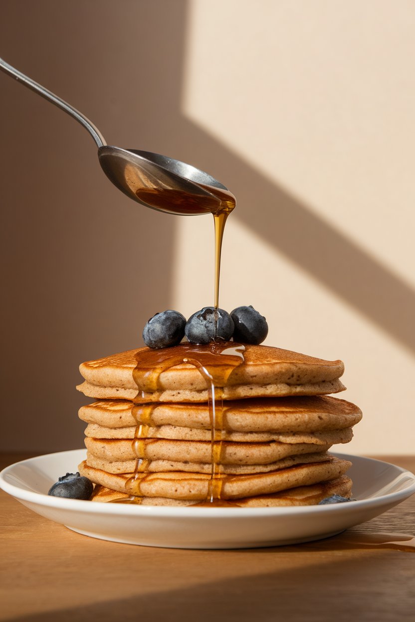 Indoor photo of a teaspoon measuring maple syrup being poured over a stack of whole-grain pancakes, demonstrating restraint. Bright breakfast light, no text or logos.