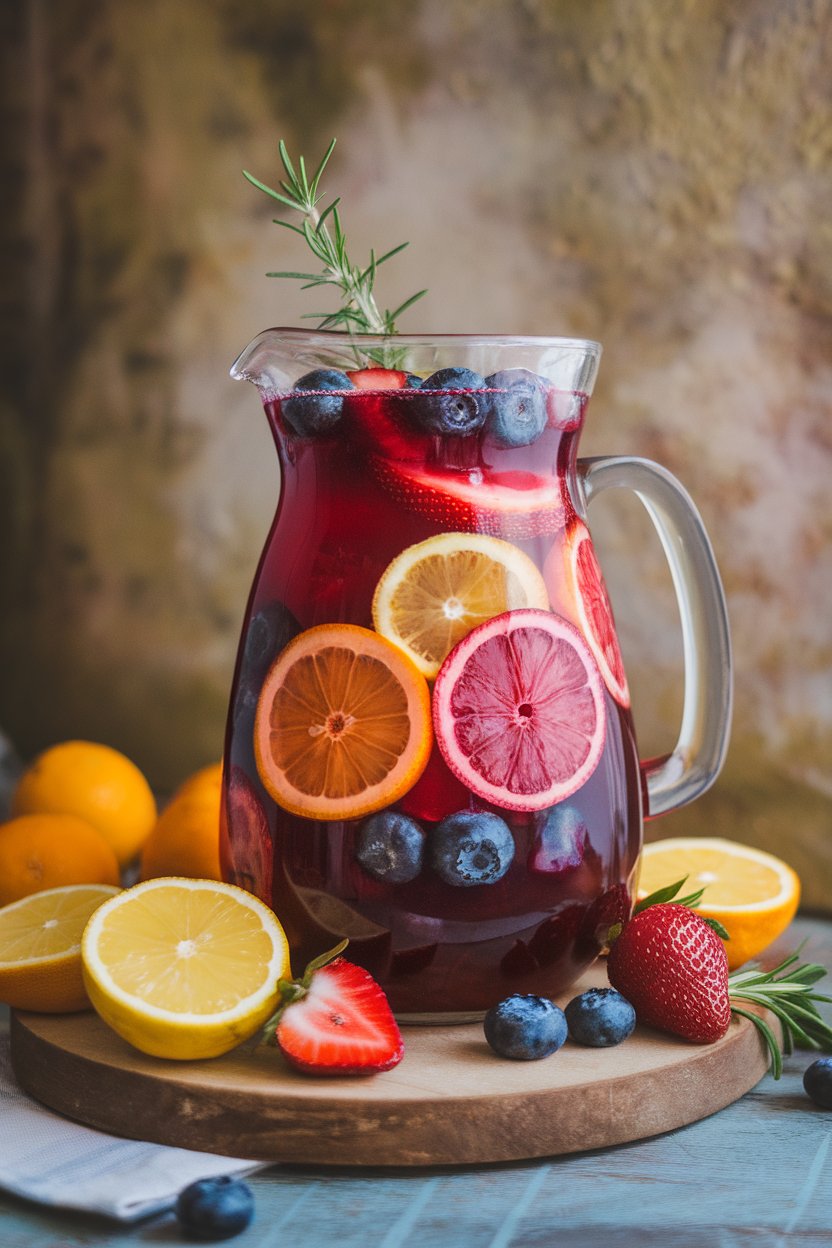 Indoor pitcher stuffed with citrus slices, berries, and deep red alcohol-free sangria. No branding visible.
