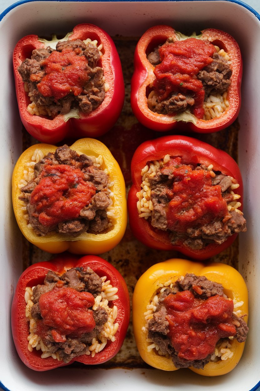 Indoor casserole dish showing colorful bell peppers filled with brown rice, lean beef, and tomato sauce, baked until tops brown. No text or logos; photo.