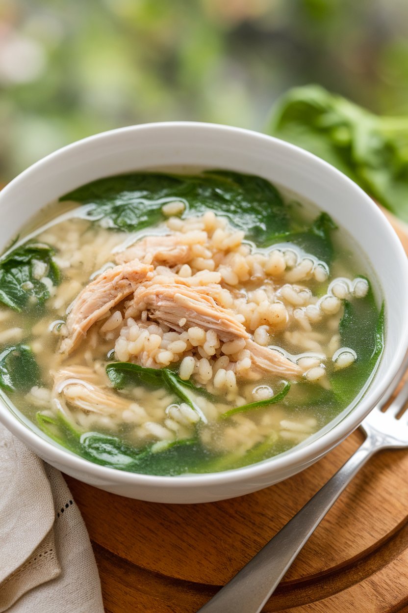 Indoor soup bowl filled with shredded chicken, spinach leaves, and brown rice in a clear broth. No branding or text.