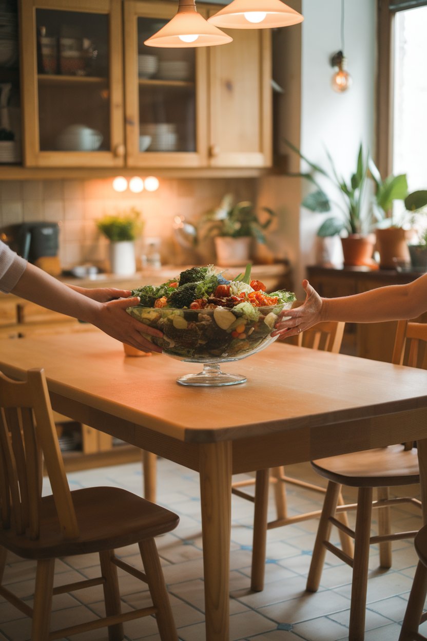Photo of an indoor family kitchen scene displaying a large salad bowl being passed hand to hand; warm pendant lighting; no text or logos.